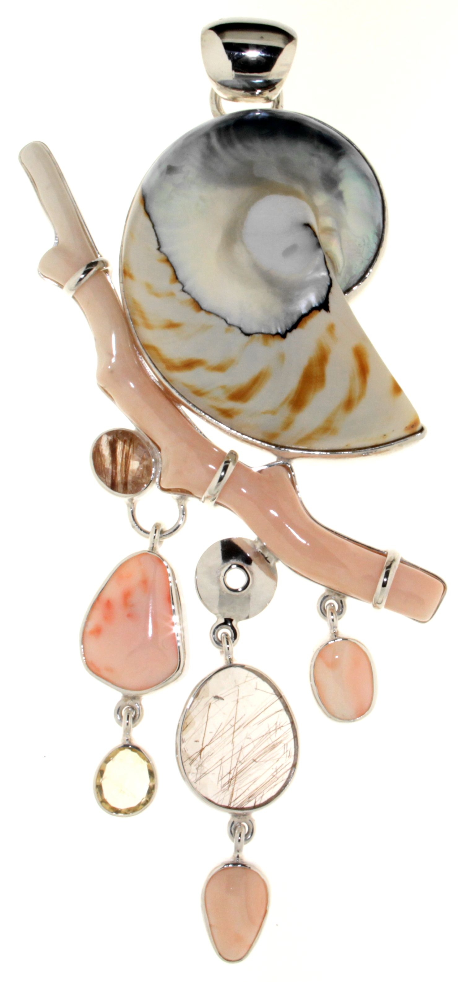 Pendant with White Coral, Nautilus Shell, Clear La