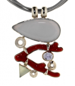 Necklace in 925 silver with Chalcedony, Mother of Pearl, Iolite and Red Coral from the Mediterranean Sea