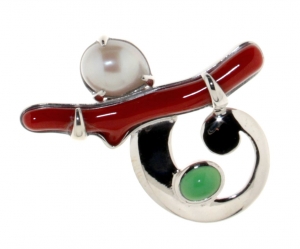 Pin in 925 silver with Red Coral of the Mediterranean Sea, Chrysoprase and freshwater Pearl