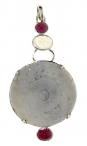 Pendant with Engraved Jade, Rainbow Moonstone and Ruby