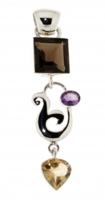 Pendant in 925 silver with Smoky Quartz, Amethyst and Citrine Quartz